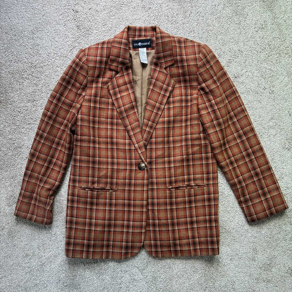 Vintage Sag Harbor Plaid Wool Blend Blazer Jacket Orange Brown Size 10